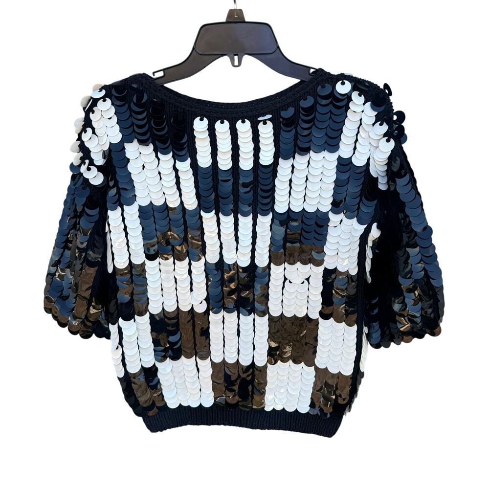 Vintage 80s 90s Paillette Sequin Embellished Black & White Checkered Top Small S